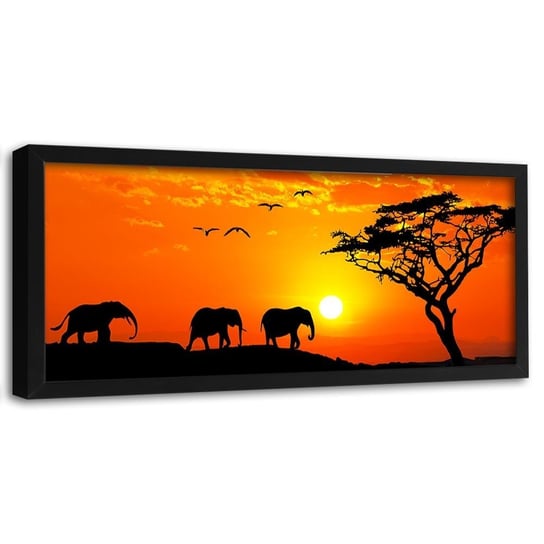 Obraz w ramie czarnej FEEBY, Afryka zachód słońca słonie 140x45 Feeby