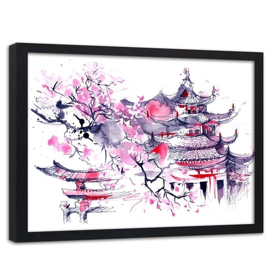 Obraz w ramie czarnej FEEBY, Japoński dom Akwarela lila 60x40 Feeby