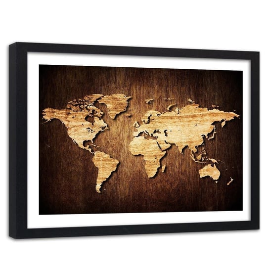 Obraz w ramie czarnej FEEBY, Mapa Brązowy Drewno Biuro 120x80 Feeby