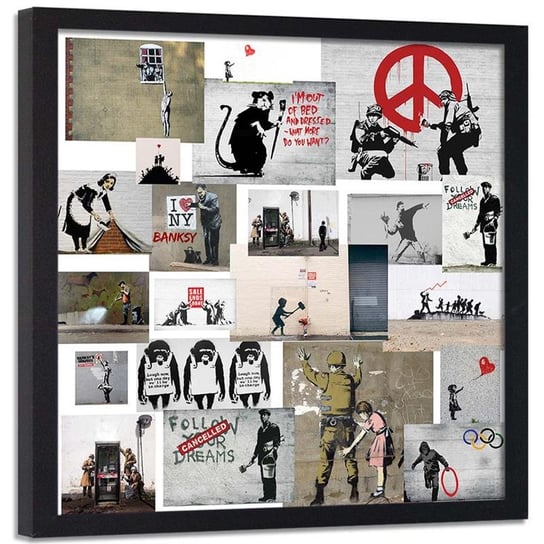 Obraz w ramie czarnej FEEBY, MŁODZIEŻOWY Banksy Kolaż Street Art 40x40 Feeby
