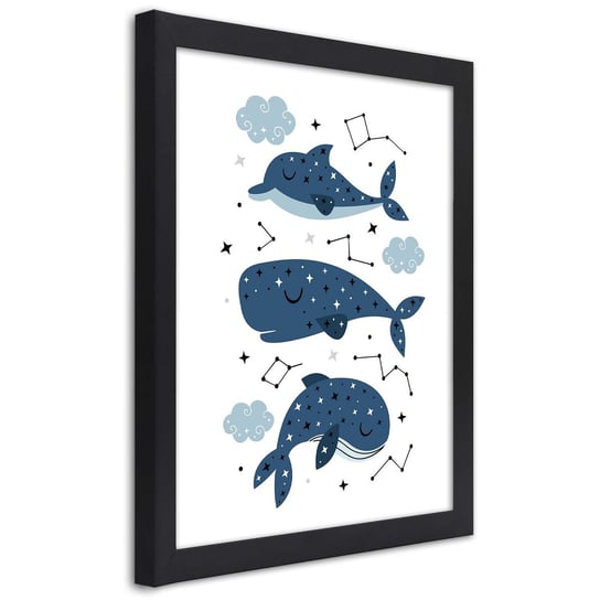Obraz w ramie czarnej FEEBY, Wesołe Wieloryby Niebieski 20x30 Feeby