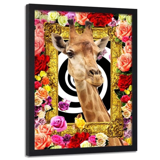 Obraz w ramie czarnej FEEBY, Żyrafa i kolorowe Kwiaty 40x50 Feeby
