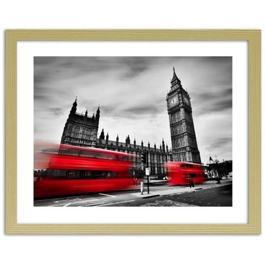 Obraz w ramie naturalnej FEEBY Czerwone autobusy w ruchu i Big Ben, 100x70 cm Feeby