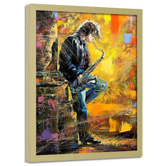 Obraz w ramie naturalnej FEEBY, Muzyk z saksofonem kolorowy malowany 40x60 Feeby