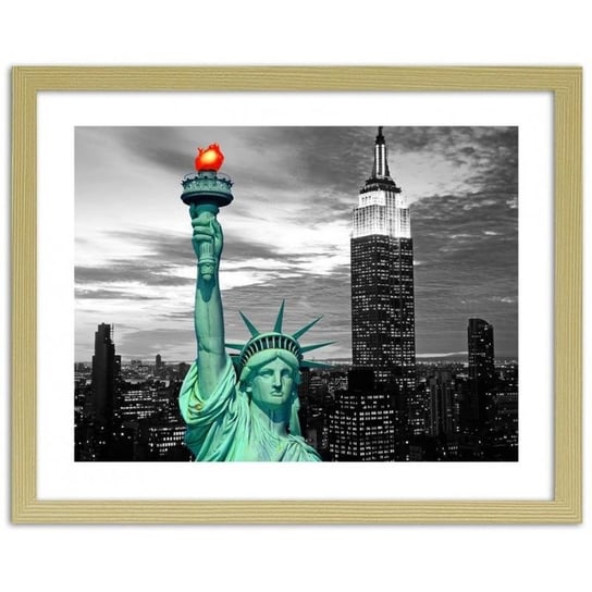 Obraz w ramie naturalnej FEEBY, Statua Wolności i New York City, 60x40 cm Feeby