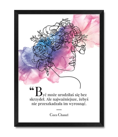 Obraz w stylu Line Art twarz kobiety kwiaty z inspirującym cytatem Coco Chanel iWALL studio