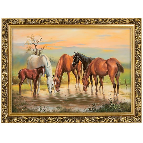 Obraz w złotej ramie Makówka w rozmiarze 50x70 cm - Konie u wodopoju, Adam Lis POSTERGALERIA