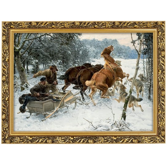 Obraz w złotej ramie Makówka w rozmiarze 50x70 cm - Napad wilków, Alfred Wierusz Kowalski POSTERGALERIA