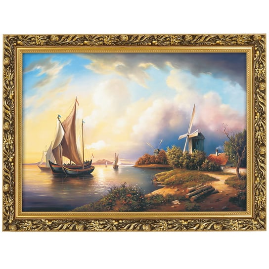 Obraz w złotej ramie Makówka w rozmiarze 50x70 cm - Pejzaż morski z wiatrakiem, Marian Kaszuba POSTERGALERIA
