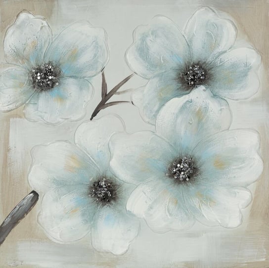 Obraz Z Cekinami Ręcznie Malowany Kwiaty 60X60 Beżowy + Niebieski Eurofirany