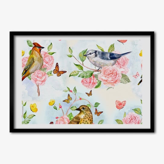 Obraz z ramką TULUP na ścianę Ptaki i róże 70x50 cm cm Tulup