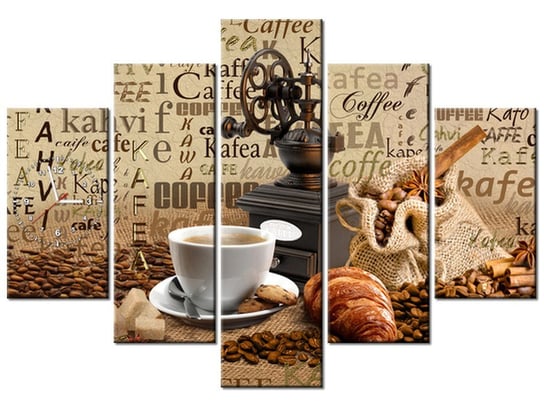 Obraz z zegarem, Aromatyczna kawa o poranku, 5 elementów, 150x105 cm Oobrazy