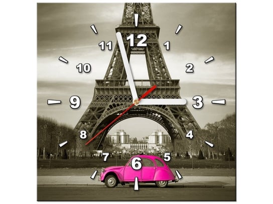 Obraz z zegarem, Auto przed Wieżą Eiffla, 1 element, 30x30 cm Oobrazy
