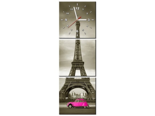 Obraz z zegarem, Auto przed Wieżą Eiffla, 3 elementy, 30x90 cm Oobrazy