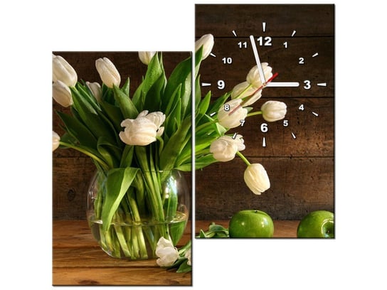 Obraz z zegarem, Białe tulipany, 2 elementy, 60x60 cm Oobrazy