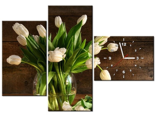 Obraz z zegarem, Białe tulipany, 3 elementy, 100x70 cm Oobrazy