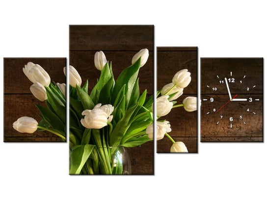 Obraz z zegarem, Białe tulipany, 4 elementy, 120x70 cm Oobrazy