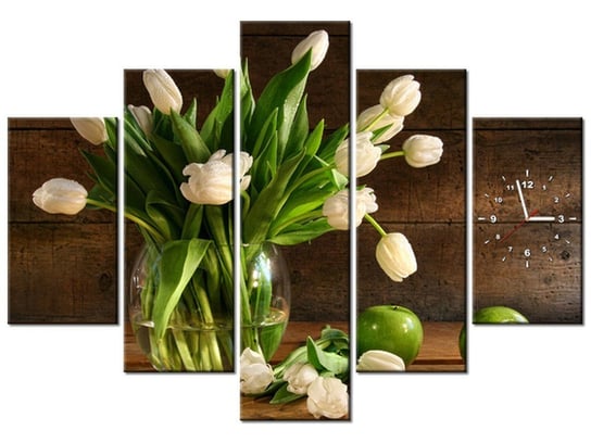 Obraz z zegarem, Białe tulipany, 5 elementów, 150x105 cm Oobrazy
