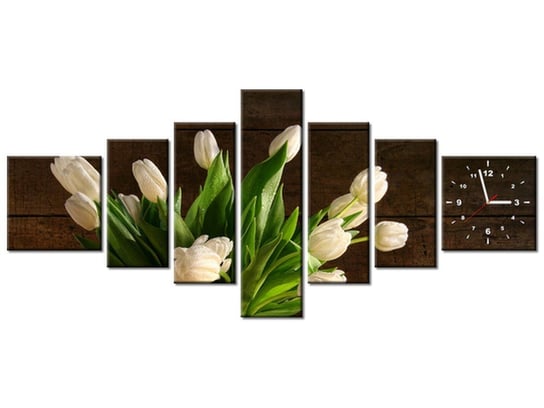 Obraz z zegarem, Białe tulipany, 7 elementów, 160x70 cm Oobrazy