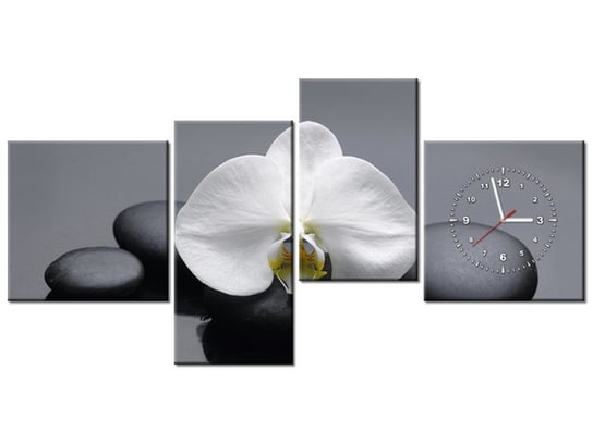 Obraz z zegarem, Biały storczyk, 4 elementy, 140x70 cm Oobrazy