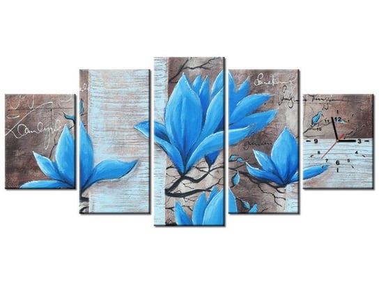 Obraz z zegarem, Błękitna magnolia, 5 elementów, 150x70 cm Oobrazy