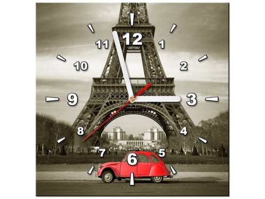 Obraz z zegarem, Czerwone auto przed Wieżą Eiffla, 1 element, 30x30 cm Oobrazy