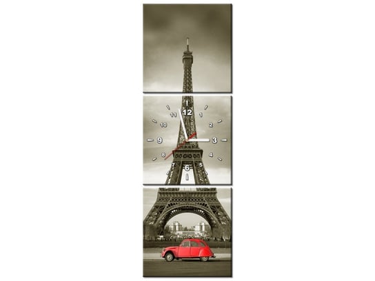 Obraz z zegarem, Czerwone auto przed Wieżą Eiffla, 3 elementy, 30x90 cm Oobrazy