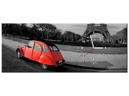 Obraz z zegarem, Czerwone auto przy Wieży Eiffla, 1 element, 100x40 cm Oobrazy