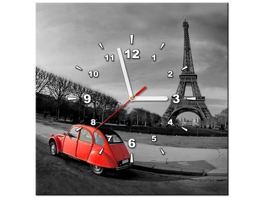 Obraz z zegarem, Czerwone auto przy Wieży Eiffla, 1 element, 40x40 cm Oobrazy