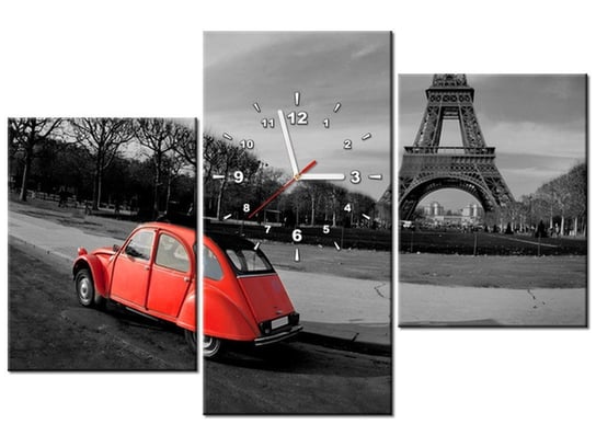 Obraz z zegarem, Czerwone auto przy Wieży Eiffla, 3 elementy, 90x60 cm Oobrazy