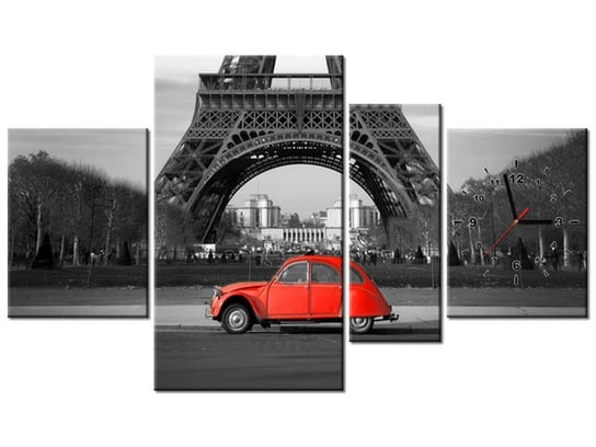 Obraz z zegarem, Czerwony samochód przed Wieżą Eiffla, 4 elementy, 120x70 cm Oobrazy
