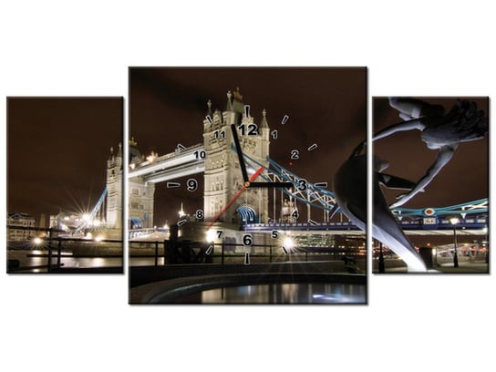 Obraz z zegarem, Fontanna przy Tower Bridge, 3 elementy, 80x40 cm Oobrazy