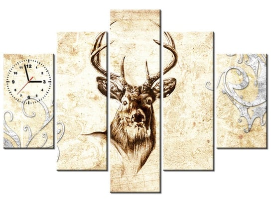 Obraz z zegarem, Głowa jelenia, 5 elementów, 150x105 cm Oobrazy