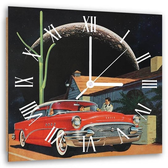 Obraz z zegarem, Kolaż samochód z pasażerami parkingowy księżyc kaktus - 40x40 Feeby