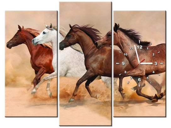 Obraz z zegarem, Konie w galopie, 3 elementów, 90x70 cm Oobrazy