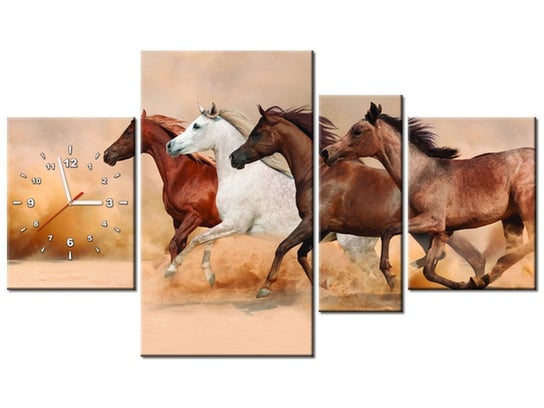 Obraz z zegarem, Konie w galopie, 4 elementy, 120x70 cm Oobrazy