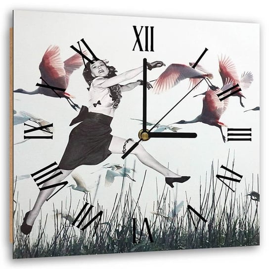 Obraz z zegarem, Lecące ptaki trawa skacząca kobieta surrealizm - 60x60 Feeby