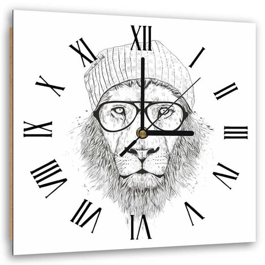 Obraz z zegarem, Lew hipster z czapką i w okularach - Zegar kwadratowy - 60x60 Feeby
