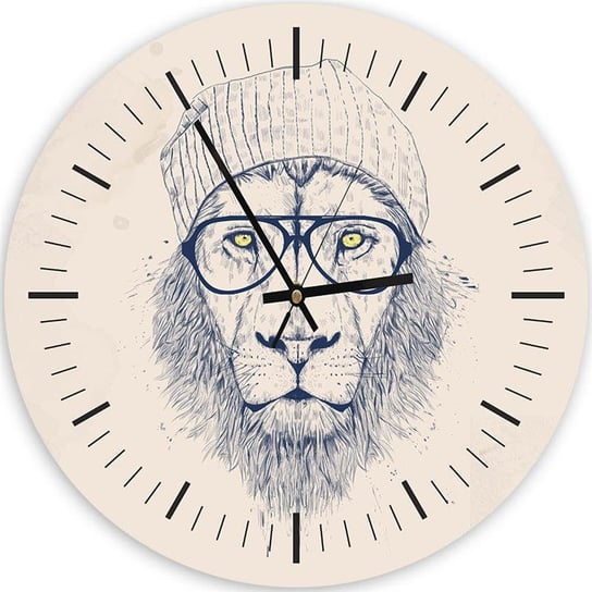 Obraz z zegarem, Lew w czapce i okularach hipster - Zegar okrągły - 40x40 Feeby