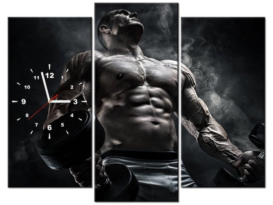 Obraz z zegarem, Mężczyzna na siłowni w stalowym kolorze, 3 elementy, 90x70 cm Oobrazy