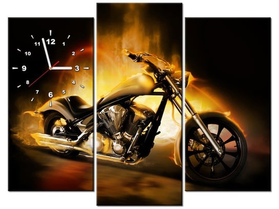 Obraz z zegarem, Motocykl w ogniu, 3 elementy, 90x70 cm Oobrazy