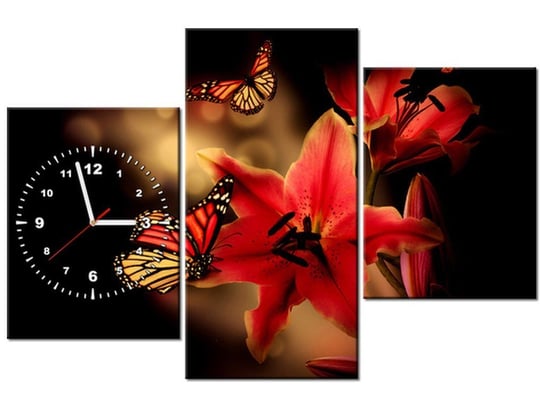 Obraz z zegarem, Motyle i lilia, 3 elementy, 90x60 cm Oobrazy
