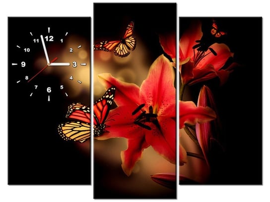 Obraz z zegarem, Motyle i lilia, 3 elementy, 90x70 cm Oobrazy