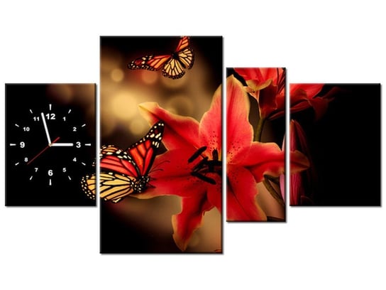 Obraz z zegarem, Motyle i lilia, 4 elementy, 120x70 cm Oobrazy