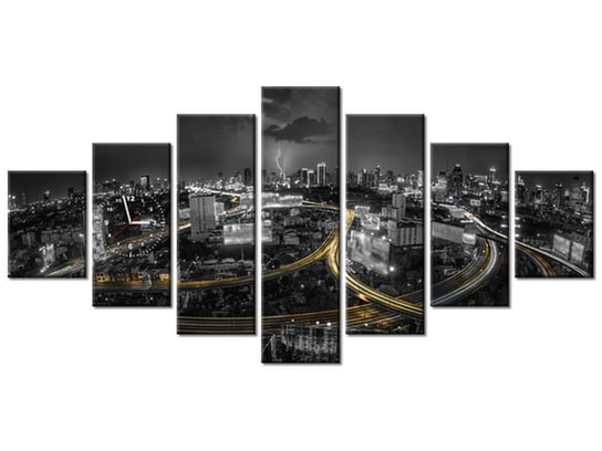 Obraz z zegarem, Noc w Bangkoku, 7 elementów, 210x100 cm Oobrazy