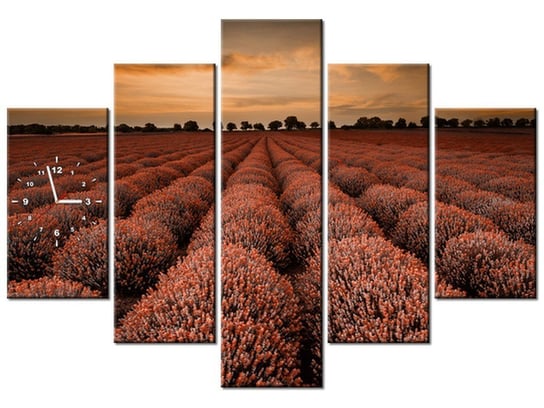 Obraz z zegarem, Oszałamiający krajobraz z lawendą w pomarańczu, 5 elementów, 150x105 cm Oobrazy