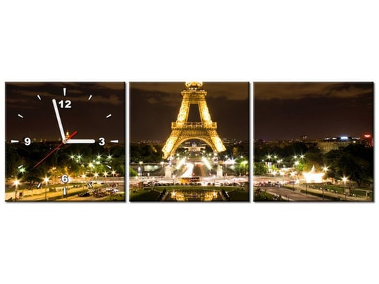 Obraz z zegarem, Paryż Wieża Eiffla - zdjęcie nocą, 3 elementów, 90x30 cm Oobrazy