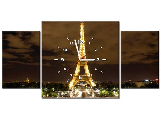 Obraz z zegarem, Paryż Wieża Eiffla - zdjęcie nocą, 3 elementy, 80x40 cm Oobrazy