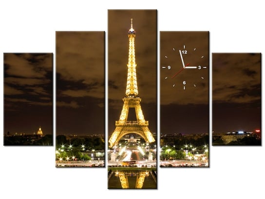 Obraz z zegarem, Paryż Wieża Eiffla - zdjęcie nocą, 5 elementów, 150x105 cm Oobrazy