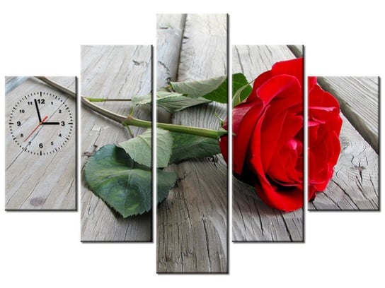 Obraz z zegarem, Róża na deskach, 5 elementów, 150x105 cm, czerwony Oobrazy